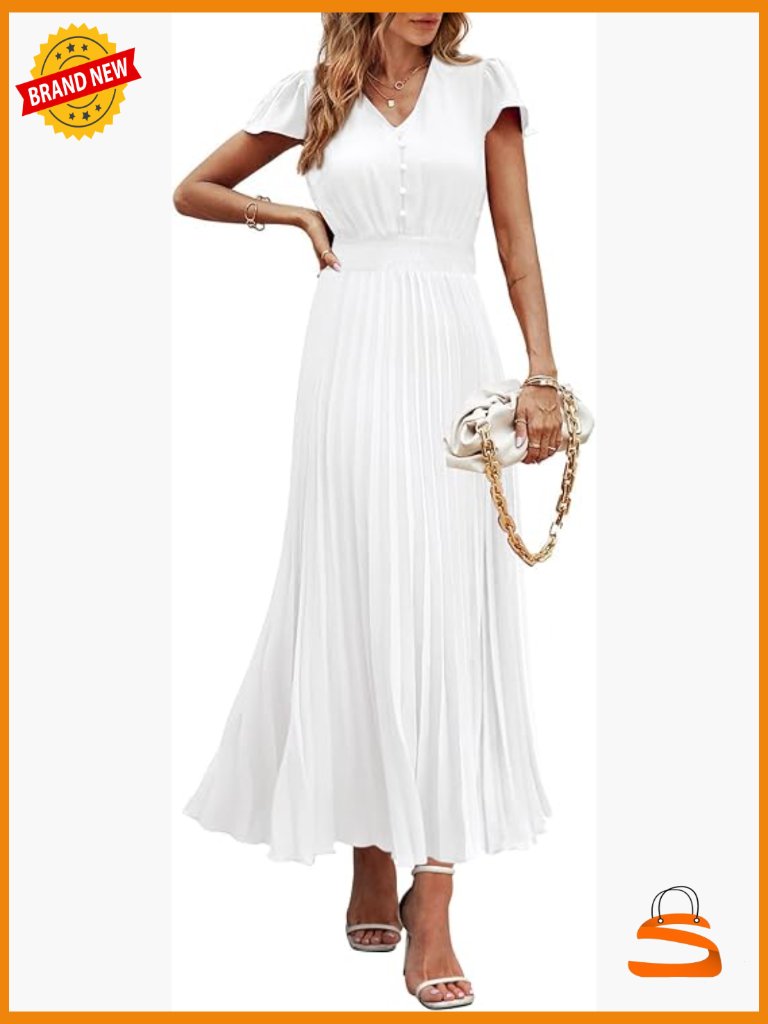 V-Neck Cap Sleeve Maxi Dress With Pleated High Waist